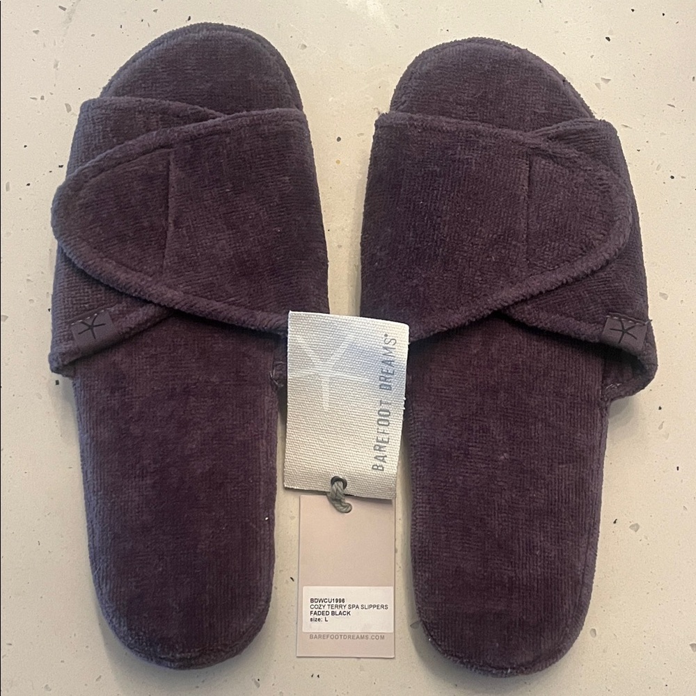 Barefoot Dreams Plush Open-Toe Spa Slippers in Faded Black (Dark Grey) - Large